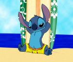  2015 4_toes alien alternate_version_at_source barefoot beach black_eyes blue_fur blue_nose blue_pawpads chest_tuft clothed clothing color_edit colored disney edit experiment_(species) fur half-closed_eyes hands_behind_head head_tuft leaning leaning_back lilo_and_stitch looking_at_viewer notched_ear outside pawpads pose quiet269 reclining seaside simple_background sitting smile solo spread_legs spreading stitch surfboard swimming_trunks swimsuit toes topless tuft weaselgrease white_background 