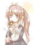  animal brown_eyes brown_hair cat doughnut eyebrows eyebrows_visible_through_hair food furui_suguri little_busters! long_sleeves mouth_hold natsume_rin side_ponytail simple_background solo upper_body white_background 