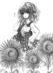  adjusting_hair ascot expressionless flower greyscale hand_on_hip kazami_yuuka kurona messy_hair monochrome plaid plaid_skirt plaid_vest short_hair skirt skirt_set solo sunflower touhou translated vest 