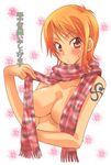  blush breasts convenient_censoring large_breasts nami_(one_piece) one_piece orange_hair pink_eyes scarf short_hair solo sweatdrop tattoo topless yu-ri_(kurione-sha) 