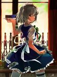  apron bad_id bad_pixiv_id blue_dress dress fence grey_hair izayoi_sakuya knife looking_at_viewer looking_back maid maid_headdress puffy_sleeves red_eyes short_dress short_hair short_sleeves signature solo thighhighs touhou tray umi_no_manateii white_legwear zettai_ryouiki 