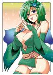  blush breasts bridal_gauntlets cleavage final_fantasy final_fantasy_iv green_eyes green_hair hair_ornament large_breasts nipple_slip nipples rydia solo thighhighs yasakani_an 