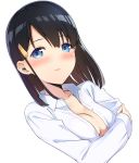  1girl absurdres apollo_(hu_maple) black_hair blue_eyes blush breasts cleavage dress_shirt highres long_sleeves looking_at_viewer medium_breasts naked_shirt no_bra original parted_lips shirt simple_background solo upper_body white_background white_shirt 
