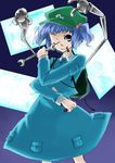  backpack bag blue blue_background blue_dress blue_eyes blue_hair double_sided_wrench dress extra_arms hair_bobbles hair_ornament hat kawashiro_nitori mechanical_arms mouth_hold one_eye_closed pocket screwdriver short_hair smile solo tadano_kagekichi touhou two_side_up wrench 
