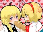  alice_margatroid blonde_hair blush bread eating food forced ichihaya kirisame_marisa long_hair multiple_girls nail_polish orange_nails purple_eyes ribbon saliva sexually_suggestive short_hair sweat touhou translated 