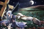  bad_id bad_pixiv_id bandages blood blue_hair crescent_moon cross dress graveyard head_tilt head_wings latin_cross moon nekou_izuru night original petals red_eyes rock scythe sitting solo torn_clothes wariza 