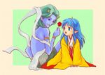  1girl ashura_(momoden) blue_hair blue_skin flower horn japanese_clothes momotarou_densetsu pointy_ears rose uninin_(uni_breath) yasha 