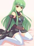  bangs blush c.c. code_geass detached_sleeves green_hair long_hair solo thighhighs towamin yellow_eyes zettai_ryouiki 