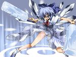  1girl ahoge angry blue_eyes blue_hair blush bow cirno crystal_sword dress dual_wielding fang fighting_stance food frills hair_bow holding ice ice_wings legs magic matsuno_canel open_mouth panties pantyshot pantyshot_(standing) popsicle ribbon shoes short_hair smile socks solo standing striped striped_panties sword touhou underwear wallpaper weapon wind wind_lift wings 