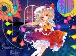  asymmetrical_clothes blonde_hair bow colored_eyelashes crescent eyelashes finger_to_mouth flandre_scarlet hat one_side_up red_eyes single_thighhigh skirt_hold solo star thighhighs torii_sumi torn_clothes touhou wallpaper white_legwear wings 