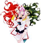  2boys 90s aiguillette barefoot closed_eyes green_hair hug kiryuu_touga long_hair multiple_boys official_art pink_hair red_hair saionji_kyouichi scan school_uniform shoujo_kakumei_utena tenjou_utena white_background 