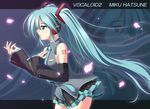 :o aqua_hair bare_legs belt blush cowboy_shot detached_sleeves from_side hair_ornament hatsune_miku headgear headphones leaning_forward letterboxed long_hair miniskirt necktie number open_mouth pleated_skirt profile skirt skywaker solo standing tattoo thighs twintails very_long_hair vocaloid zoom_layer 