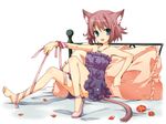  :d animal_ears barefoot bed blue_eyes cat_ears feet jewelry kubyou_azami necklace open_mouth original pillow pink_hair ribbon shoes single_shoe sitting smile solo tail 