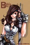  artist_request beatrix brown_background brown_eyes brown_hair character_name eyepatch final_fantasy final_fantasy_ix knight lowres save_the_queen solo sword weapon 