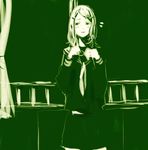  copyright_request curtains goshiki_suzu green monochrome railing school_uniform solo window 