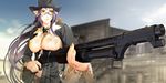  3d breasts cowboy_hat day elf game_cg glasses gun hat highres large_breasts lily_salvatana lipstick long_hair makeup nail_polish nishii_(nitroplus) non-web_source outdoors pointy_ears pump_action purple_hair shotgun solo underboob very_long_hair weapon western winchester_model_1897 yellow_eyes yellow_nails zoku_satsuriku_no_django 