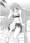  artist_request bangs bikini braid chair greyscale hair_ornament highres hong_meiling long_hair lounge_chair monochrome sandals sarong solo swimsuit touhou very_long_hair 