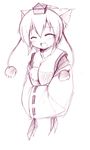  animal_ears hat inubashiri_momiji laughing monochrome pom_pom_(clothes) seo_tatsuya sketch solo tokin_hat touhou wolf_ears 