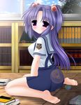  bangs barefoot blue_skirt book bookshelf breasts clannad closed_mouth covered_nipples day emblem feet full_body hair_bobbles hair_ornament hikarizaka_private_high_school_uniform ichinose_kotomi indoors lens_flare long_hair looking_at_viewer medium_breasts on_floor parted_bangs purple_eyes purple_hair rodori_gesu school_uniform serafuku shirt short_sleeves sitting skirt smile soles solo tareme toes tree two_side_up wariza white_shirt window wooden_floor 