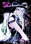  bare_shoulders black_dress dress electricity expressionless from_side glowing hat looking_at_viewer looking_to_the_side magic parted_lips red_eyes silver_hair sleeveless sleeveless_dress solo touhou tsurukame witch_hat yakumo_yukari 
