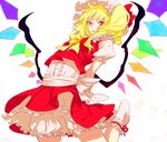  blonde_hair bloomers egawa_satsuki flandre_scarlet hat miniskirt mob_cap one_side_up petticoat ponytail puffy_short_sleeves puffy_sleeves red_eyes short_sleeves skirt skirt_set socks solo touhou underwear upskirt vampire white_bloomers wings 