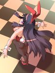  animal_ears ass black_hair bunny_ears bunny_tail bunnysuit checkered checkered_floor fake_animal_ears from_above long_hair looking_at_viewer original outstretched_arms pantyhose purple_eyes sidelocks solo spread_arms tail wrist_cuffs yukimura_tsubame 