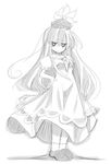  bangs dress full_body greyscale hat jitome kamishirasawa_keine long_hair looking_at_viewer monochrome shoes simple_background socks solo touhou usoneko very_long_hair white_background 