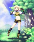  akino_sora blonde_hair closed_eyes cloud day forest hunter_(ragnarok_online) light_rays midriff nature navel ragnarok_online short_hair shorts sky solo sunbeam sunlight tree 