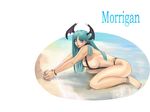  ark_(morita_hitomi) barefoot beach blue_eyes blue_hair character_name demon_girl head_wings long_hair morrigan_aensland nail_polish purple_nails slingshot_swimsuit solo succubus swimsuit vampire_(game) 