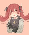  1girl akina_(akn_646) black_ribbon blush crossed_arms fire_emblem fire_emblem_if gloves hair_ribbon long_hair luna_(fire_emblem_if) nintendo open_mouth orange_background red_eyes red_hair ribbon simple_background solo twintails upper_body 