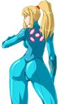  arikawa ass blonde_hair blue_bodysuit blue_eyes bodysuit latex long_hair metroid ponytail samus_aran shiny shiny_clothes simple_background skin_tight solo zero_suit 