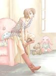  artist_request boots brown_hair casual copyright_name final_fantasy final_fantasy_vii fishnets indoors red_footwear short_hair solo stuffed_animal stuffed_bunny stuffed_toy teddy_bear window yuffie_kisaragi zipper 