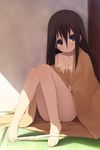  barefoot black_hair blanket blush brown_eyes brown_hair chinchickrin feet komori_kiri long_hair naked_sheet nude panties panty_pull sayonara_zetsubou_sensei sitting solo towel underwear 