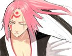  baiken frown guilty_gear japanese_clothes kataginu kimono one-eyed pink_eyes pink_hair portrait scar scar_across_eye solo yu_65026 