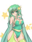  artist_request breasts bridal_gauntlets cape cleavage detached_sleeves elbow_gloves final_fantasy final_fantasy_iv gloves green_eyes green_hair green_leotard hair_ornament large_breasts leotard rydia solo star star_hair_ornament thighhighs 