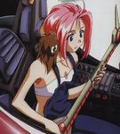  90s ahoge bare_shoulders cockpit green_eyes highres katsura_ken'ichirou macross macross_7 mylene_jenius official_art overalls pink_hair pointy_ears science_fiction sitting solo strapless tubetop vf-11 vf-11_maxl 