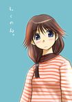  blue_background blue_eyes blush brown_hair closed_mouth expressionless komaki_ikuno long_sleeves looking_at_viewer ponytail sakaki_imasato short_hair simple_background solo striped sweater to_heart_2 vertical_stripes 