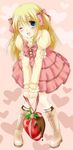  blonde_hair blue_eyes chocolate copyright_request dress food fruit karase_(shell_shelter) long_hair one_eye_closed ribbon solo strawberry valentine 