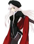  arao bad_id bad_pixiv_id black_hat black_legwear caren_hortensia fate/hollow_ataraxia fate/stay_night fate_(series) hat layered_sleeves long_hair pantyhose shroud_of_magdalene silver_hair solo white_background yellow_eyes 