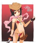  &gt;:) amami_haruka aya_(oneechanbara) bikini black_gloves bodypaint brown_hat closed_mouth cosplay cowboy_hat cowboy_shot fingerless_gloves flat_chest gloves gradient_hair hat holding holding_sword holding_weapon holster idolmaster idolmaster_(classic) idolmaster_1 jewelry lips looking_at_viewer multicolored_hair navel necklace noripachi o-ring o-ring_bottom oneechanbara pink_scarf red_bikini red_lips scarf sketch smile solo standing stomach swimsuit sword thigh_holster thigh_strap unsheathed v-shaped_eyebrows weapon 