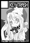  bangs black_border blush border buttons circle_cut curly_hair flat_chest freckles fur_trim greyscale hair_between_eyes hat hikagi_tatsuhiko light_smile long_hair looking_at_viewer lowres monochrome original polka_dot salute santa_hat scarf short_sleeves simple_background smile solo star star_print swept_bangs unbuttoned upper_body watermark web_address 