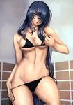  #1 1girl artbook bare_shoulders bikini black_bikini black_hair blue_eyes breasts collarbone eiwa fanbook hair_over_one_eye hips ikkitousen ikkitousen_dragon_destiny kan'u_unchou kanu_unchou large_breasts long_hair looking_at_viewer mound_of_venus official_art parted_lips scan side-tie_bikini skindentation solo standing swimsuit swimsuit_pull thighs very_long_hair wet 