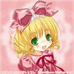  1girl :d blonde_hair bow dress eyebrows_visible_through_hair green_eyes hair_bow hina_ichigo looking_at_viewer lowres open_mouth pink_bow pink_dress rozen_maiden short_hair smile solo 