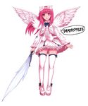  angel_wings black_bow bow deathsmiles dress frills kara_(color) open_mouth red_eyes red_hair solo thighhighs weapon white_bow white_dress white_legwear windia_(deathsmiles) wings zettai_ryouiki 