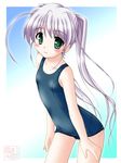  ahoge blush flat_chest fortune_arterial green_eyes long_hair neopure one-piece_swimsuit school_swimsuit smile solo swimsuit tougi_shiro twintails white_hair 