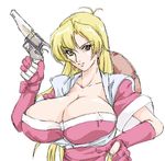  aliasing bb blonde_hair breasts cleavage gloves grenadier gun large_breasts long_hair looking_at_viewer no_bra oekaki revolver simple_background solo tendo_rushuna tendou_rushuna weapon white_background 