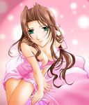  aerith_gainsborough artist_request bad_anatomy breasts brown_hair cleavage crossed_legs dress final_fantasy final_fantasy_vii green_eyes large_breasts pink_dress sitting solo 
