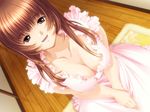  :d ai_no_chikara apron bangs breasts brown_hair cleavage downblouse dutch_angle frills from_above game_cg indoors large_breasts long_hair looking_at_viewer naked_apron naughty_face open_mouth red_eyes rug shiera sitting smile solo takanashi_karen 