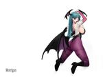  animal_print ark_(morita_hitomi) ass bat_print breasts character_name demon_girl from_side full_body green_hair head_wings large_breasts leotard long_hair looking_at_viewer looking_to_the_side low_wings morrigan_aensland pantyhose pink_eyes print_legwear purple_legwear purple_wings sideboob solo succubus vampire_(game) wings 