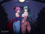  animal_print aqua_eyes aqua_hair ark_(morita_hitomi) ass bare_shoulders bat_print bat_wings blue_legwear breasts character_name demon_girl detached_sleeves finger_to_mouth flat_chest green_hair head_wings large_breasts leotard lilith_aensland long_hair looking_back moon morrigan_aensland multiple_girls nail_polish night outdoors pantyhose pink_nails print_legwear purple_eyes purple_hair purple_legwear red_leotard short_hair siblings sideboob sisters standing succubus vampire_(game) wallpaper wings 